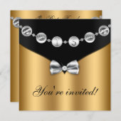 金ゴールドブラックシルバーボウドチャームSweet sixteen招待状 招待状 (正面/裏面)