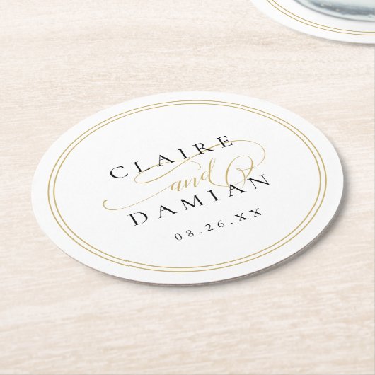 金ゴールドブラックシンプルエレガンスロマンチックスクリプ結婚ト ラウンドペーパーコースター (アングル)