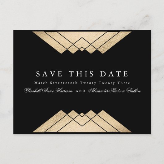 金ゴールドブラックジオメトリックギャツビー日付を保存 案内ポストカード (正面)