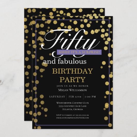 金ゴールドブラックスクリプト50と素晴らしい誕生日 招待状 (正面/裏面)