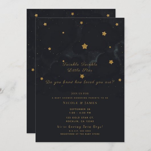 金ゴールドブラックスターダークナイトスカイベビーシャワーツイン 招待状 (正面/裏面)