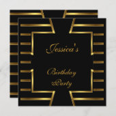 金ゴールドブラックストライプアールデコ誕生日パーティー5 招待状 (正面/裏面)