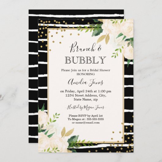 金ゴールドブラックストライプフローラブランチと泡立つシャワー 招待状 (正面/裏面)