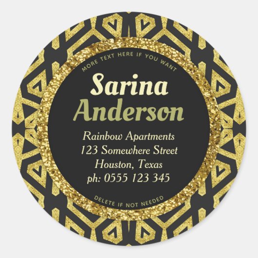 金ゴールドブラックスパークルはっきりしたパターン差出人住所 ラウンドシール (正面)