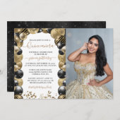 金ゴールドブラックスパークルキンセアニェラバルーンフォト 招待状 (正面/裏面)