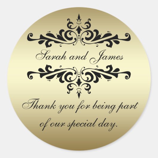 金ゴールドブラックスワールサンキュースティッカー結婚式の引き出物 ラウンドシール (正面)