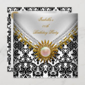 金ゴールドブラックダマスクホワイトエレガントバースデーパーティー 招待状 (正面/裏面)
