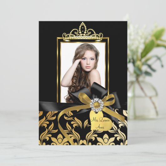 金ゴールドブラックダマスクボウフォトキンセアニェラ招待状 招待状 (スタンド正面)