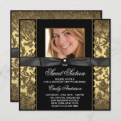 金ゴールドブラックダマスク写真甘い16パーティー 招待状 (正面/裏面)