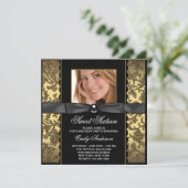 金ゴールドブラックダマスク写真甘い16パーティー 招待状 (スタンド正面)