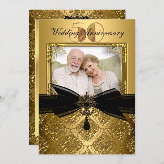 金ゴールドブラックダマスク写真50周年記念招待状 招待状 (正面/裏面)