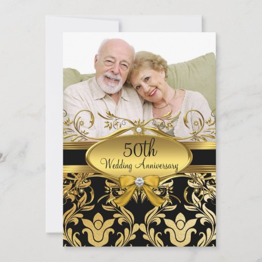 金ゴールドブラックダマスク写真50周年記念招待状 招待状 (正面)
