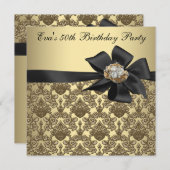 金ゴールドブラックダマスク50th誕生日パーティー 招待状 (正面/裏面)