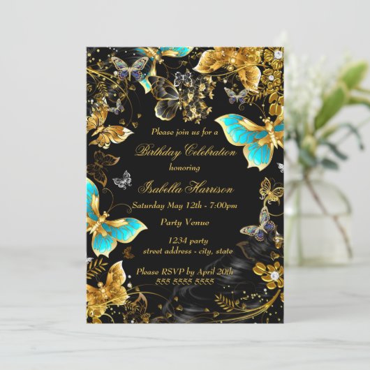 金ゴールドブラックティール(緑がかった色)バタフライフローラ誕生日パーティー 招待状 (スタンド正面)