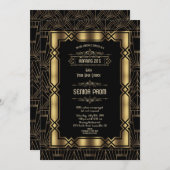 金ゴールドブラックデコギャツビー1920sスタイルシニアプロム 招待状 (正面/裏面)