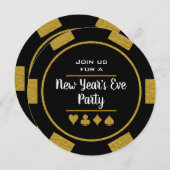 金ゴールドブラックトランプのポーカーチップカジノナイト大晦日 招待状 (正面/裏面)