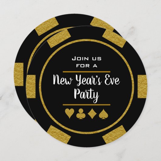 金ゴールドブラックトランプのポーカーチップカジノナイト大晦日 招待状 (正面/裏面)