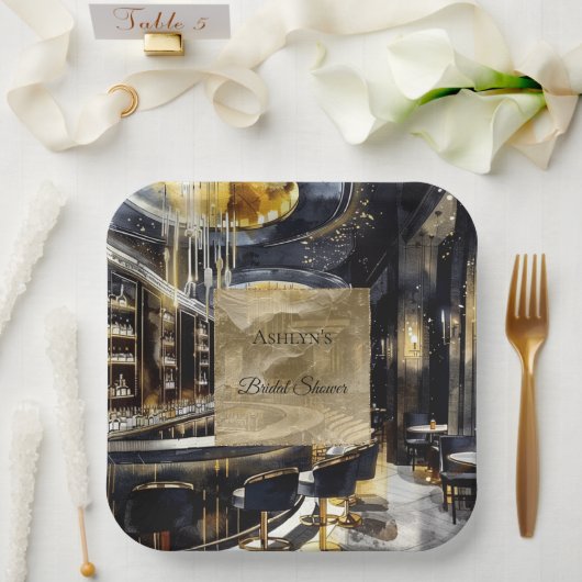 金ゴールドブラックナイトクラブパーティーブライダルシャワー ペーパープレート (ウェディング)