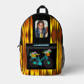 金ゴールドブラックバイクフローラ名前をカスタムするフォトスクール プリントバックパック (正面)