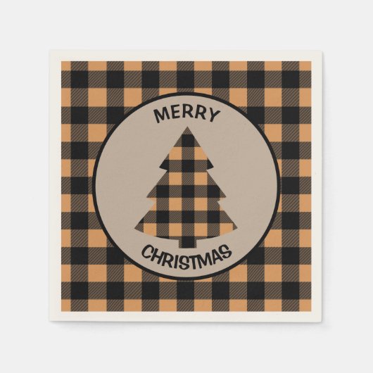 金ゴールドブラックバッファロープレイドクリスマスツリー スタンダードカクテルナプキン (正面)