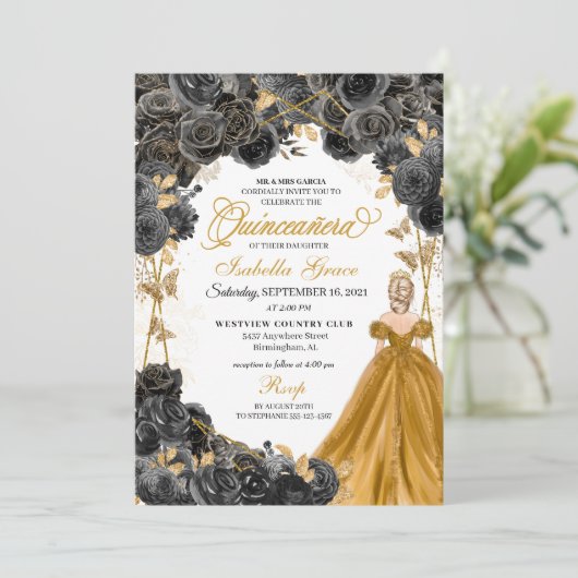 金ゴールドブラックバラバタフライグリッターキンセアニラ 招待状 (スタンド正面)