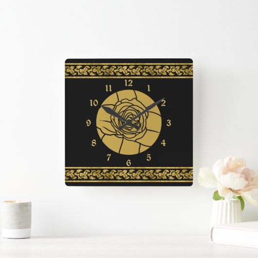 金ゴールドブラックバラリーフ縁どミニマリストスクエアウォール スクエア壁時計 (ホーム)