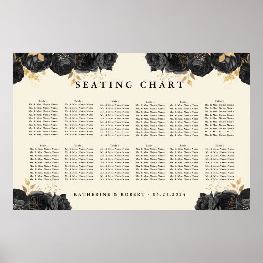 金ゴールドブラックバラ結婚の座席表 ポスター (正面)
