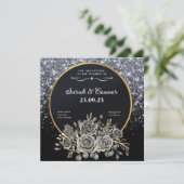 金ゴールドブラックバラ銀グリッター結婚式招待状 招待状 (スタンド正面)