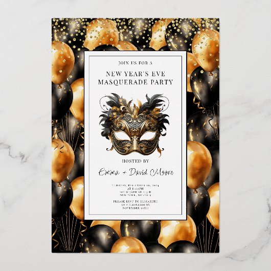 金ゴールドブラックバルーンニューイヤー大晦日の仮装パーティー 箔招待状 (正面)