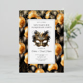 金ゴールドブラックバルーンニューイヤー大晦日の仮装パーティー 箔招待状 (立ち正面)