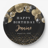 金ゴールドブラックバルーンハッピーバースデーパーティー ペーパープレート (正面)