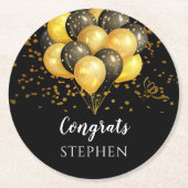 金ゴールドブラックバルーンリタイアパントリーシュガークッキー ラウンドペーパーコースター (正面)