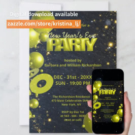 金ゴールドブラックバルーン紙吹雪大晦日パーティー 招待状