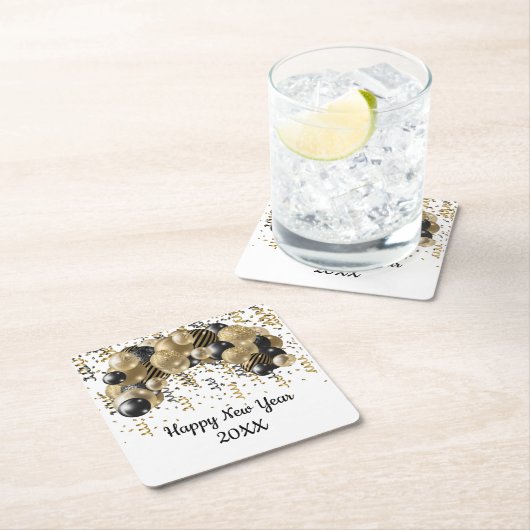 金ゴールドブラックバルーン紙吹雪新年イブパーティー スクエアペーパーコースター (インサイチュ)