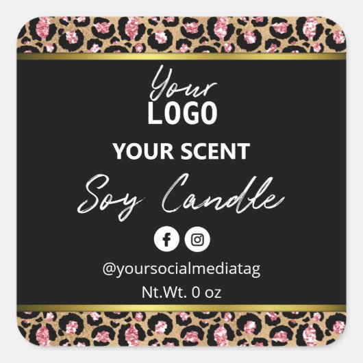 金ゴールドブラックピンクヒョウ印刷しょうゆろうそくラベル スクエアシール (正面)
