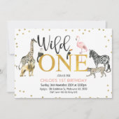 金ゴールドブラックピンクワイルドワンサファリアニマルズ誕生日 招待状 (正面)