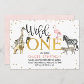 金ゴールドブラックピンクワイルドワンサファリアニマルズ誕生日 招待状 (正面/裏面)