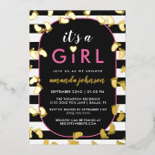 金ゴールドブラックピンク女の子のベビー 箔招待状 (正面)