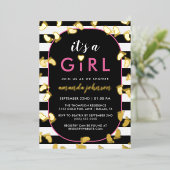 金ゴールドブラックピンク女の子のベビー 箔招待状 (立ち正面)