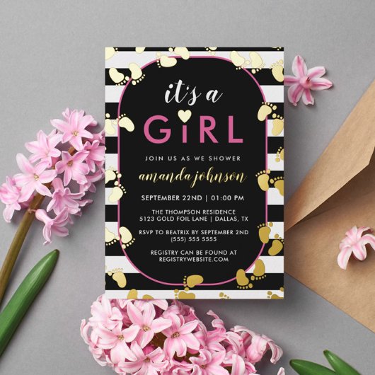 金ゴールドブラックピンク女の子のベビー 箔招待状