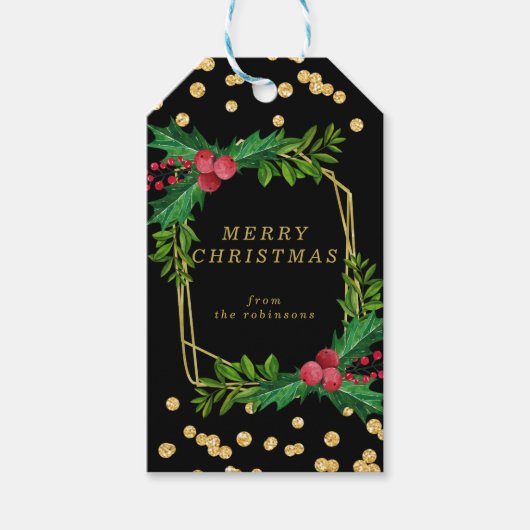 金ゴールドブラックファミリーメリークリスマスホリーグリッター ギフトタグ (正面)