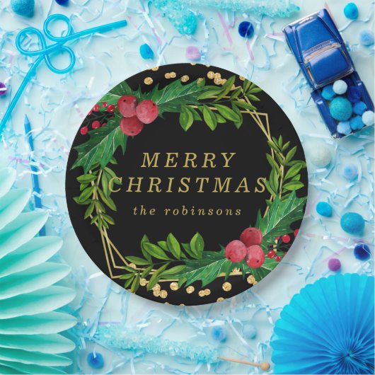 金ゴールドブラックファミリーメリークリスマスホリーグリッター ペーパープレート (パーティー)