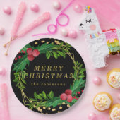 金ゴールドブラックファミリーメリークリスマスホリーグリッター ペーパープレート (パーティー)