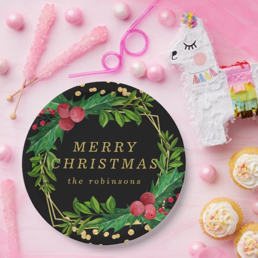 金ゴールドブラックファミリーメリークリスマスホリーグリッター ペーパープレート (パーティー)