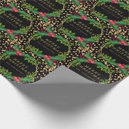 金ゴールドブラックファミリーメリークリスマスホリーグリッター ラッピングペーパー (角)