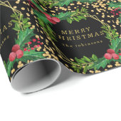 金ゴールドブラックファミリーメリークリスマスホリーグリッター ラッピングペーパー (ロールコーナー)
