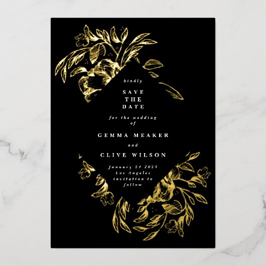 金ゴールドブラックフォイル植物写真保存日 箔招待状 (正面)