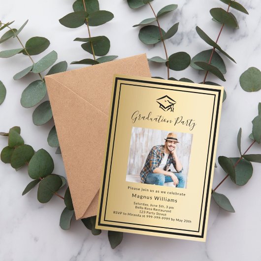 金ゴールドブラックフォトキャップ卒業パーティー 招待状