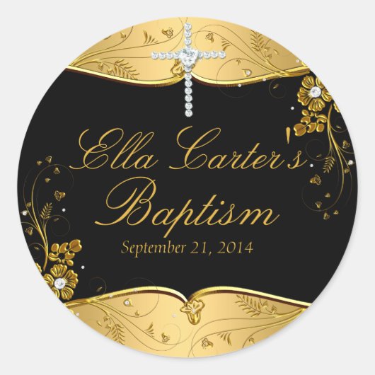 金ゴールドブラックフローラスワール&クロスバプティスステッカー ラウンドシール (正面)