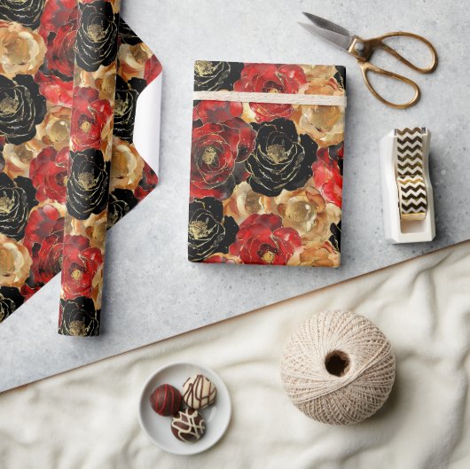 金ゴールドブラックフローラパーティーブライダルシャワー ラッピングペーパー (クラフト)